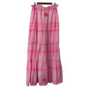Tessora Luella Strapless Embroidered Cotton Maxi Dress‎ With Tassels Pink Size M